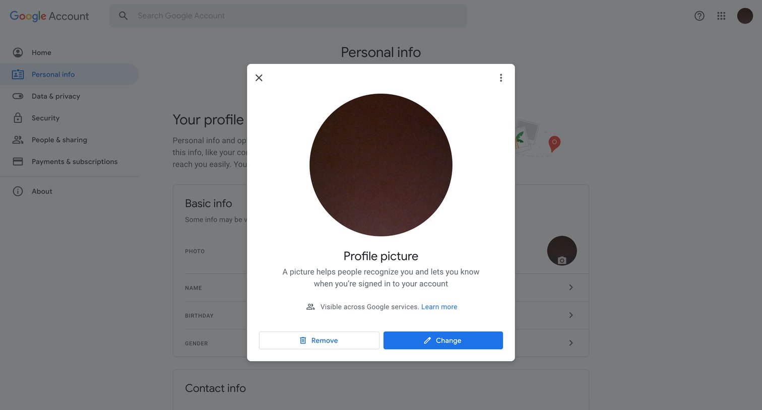 Google Account - Personal info screen