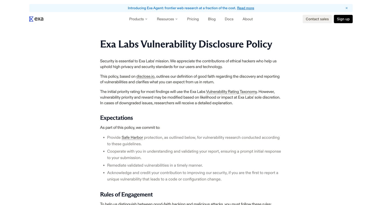 Exa - Exa Labs Vulnerability Disclosure Policy screen