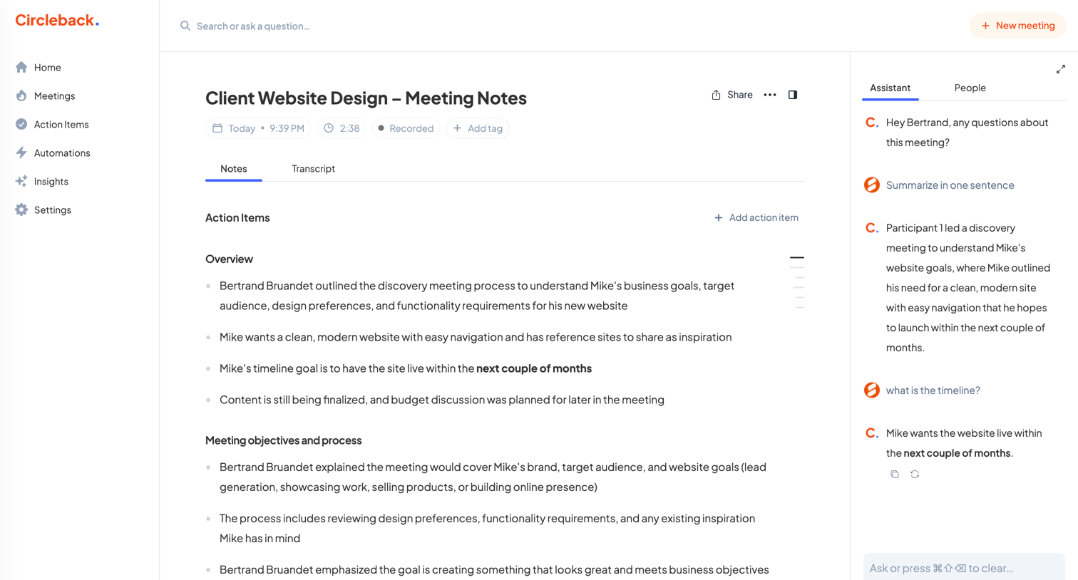 Circleback - Client Website Design – Meeting Notes - Circleback screen
