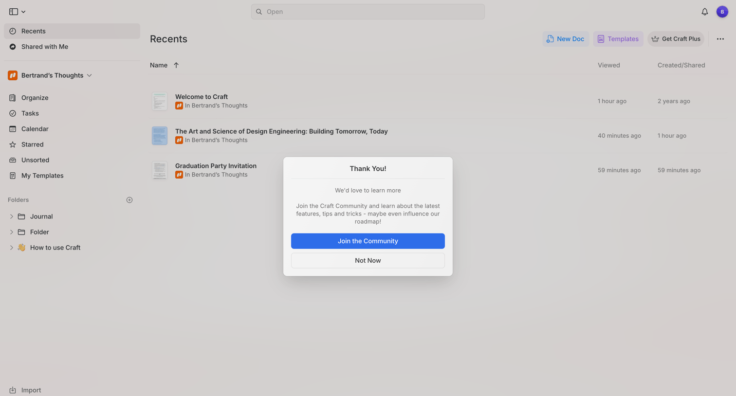 Craft - Recents screen
