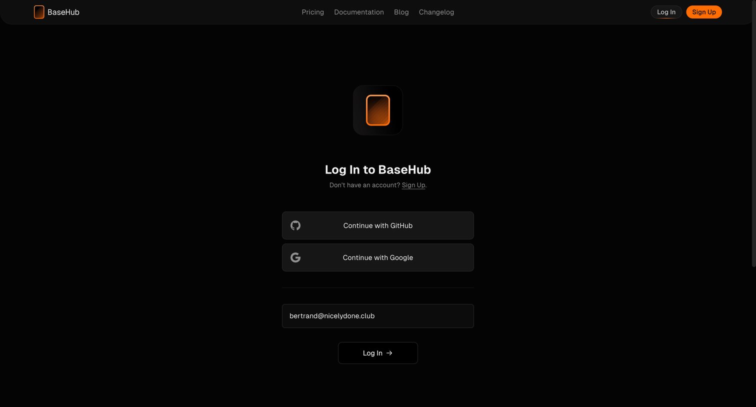 Basehub - Log In — BaseHub screen