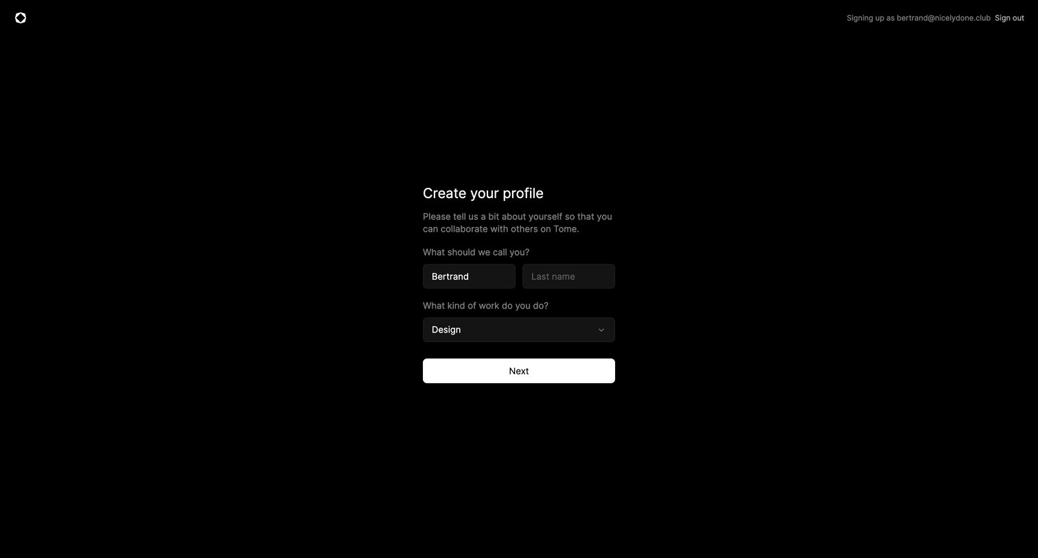 Tome - Tome - Create Profile screen