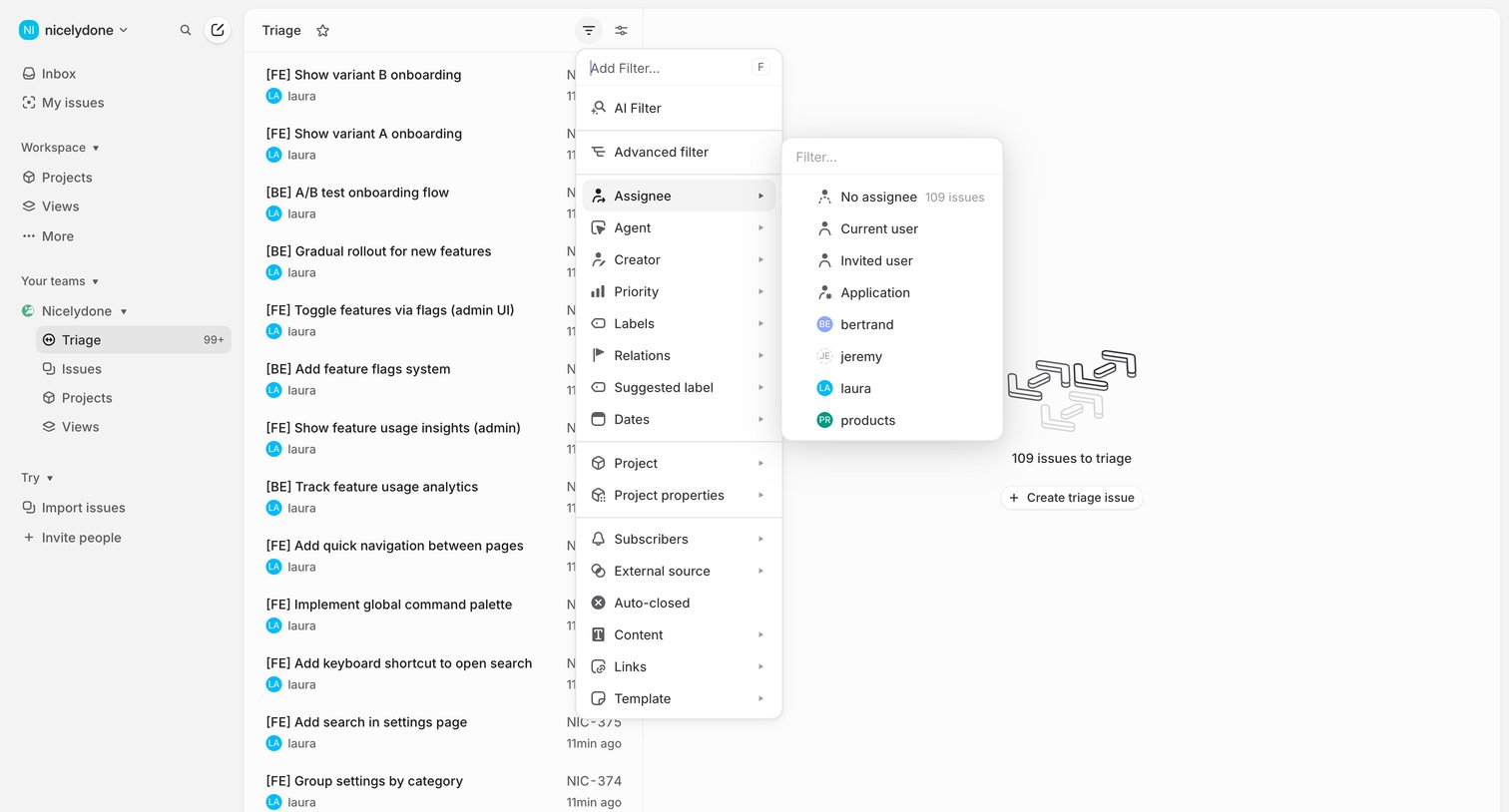 Nicelydone › Triage (99+) from Linear