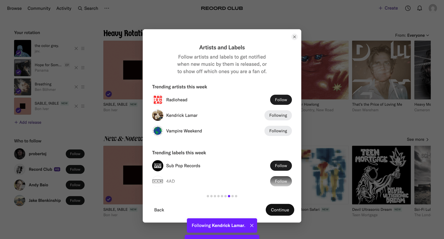 Record club - Record Club screen