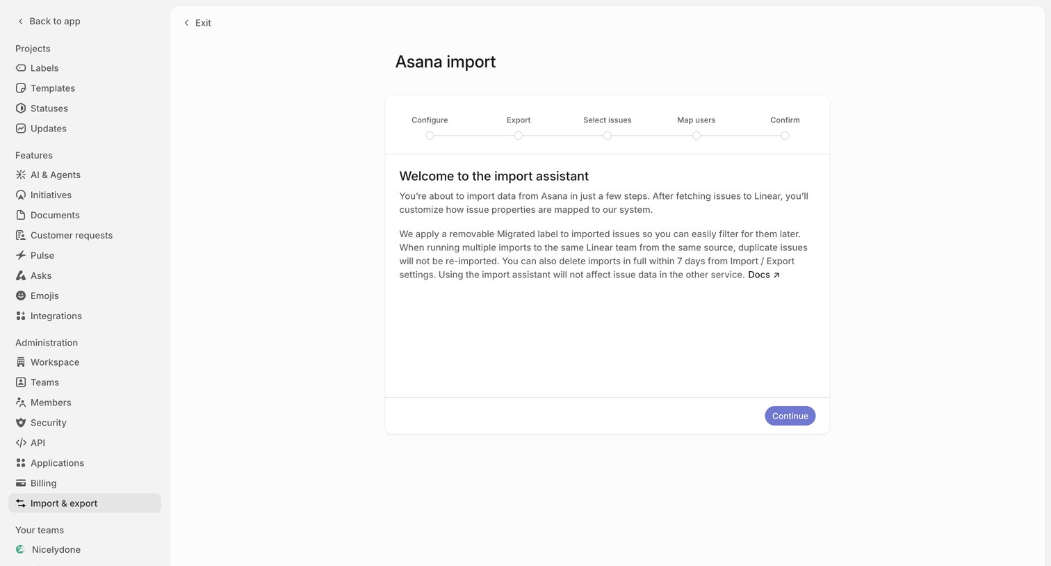 Linear - Import & export screen