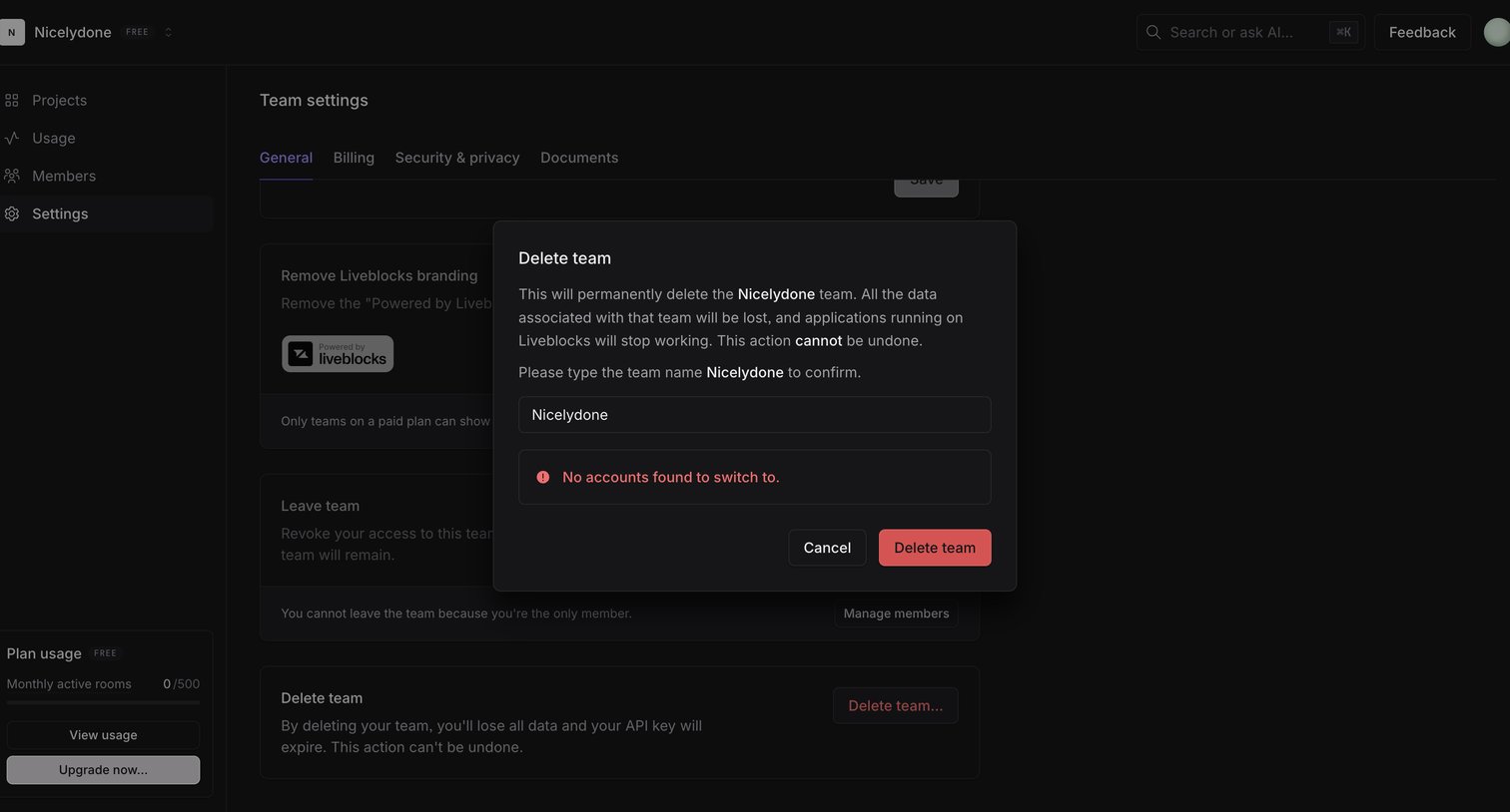 Liveblocks - Nicelydone | Team settings screen