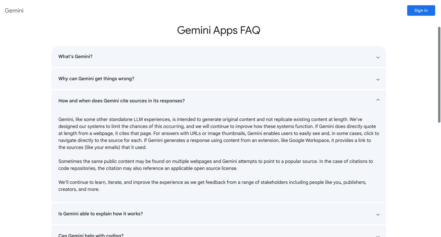 Gemini - What Gemini Apps can do and other frequently asked questions screen