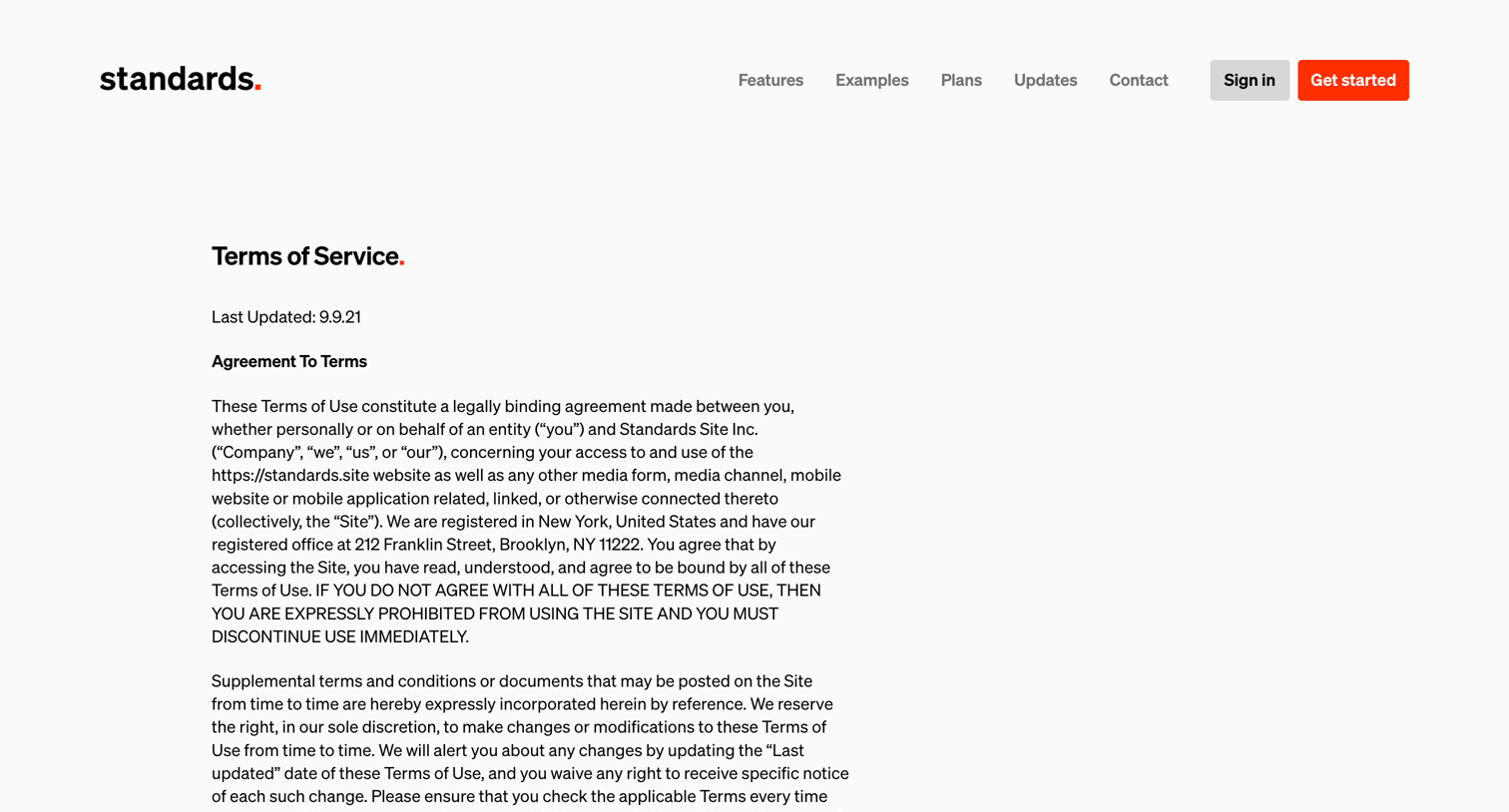 Standards - Terms of Service — Standards screen