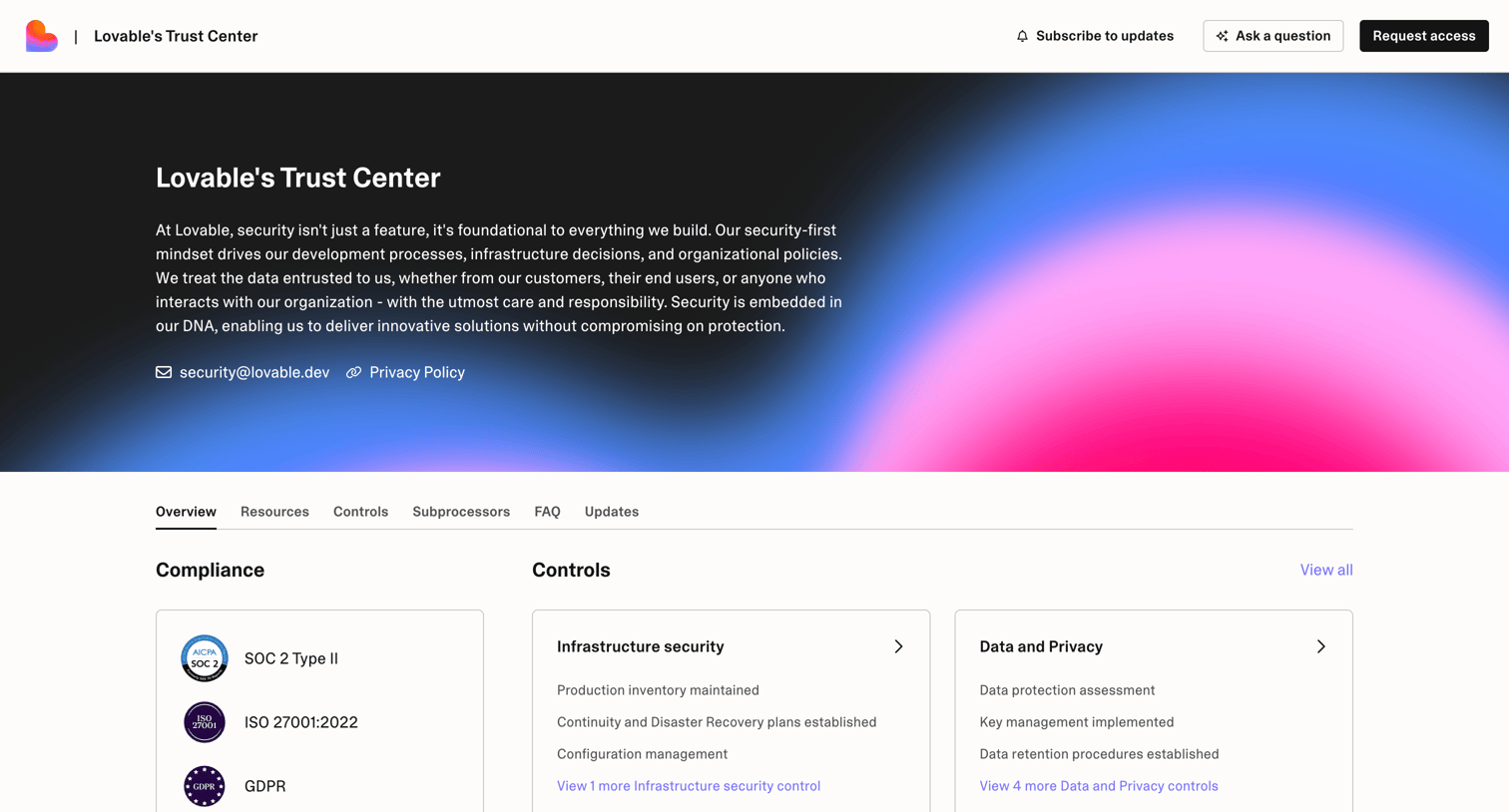Lovable - Trust Center - Lovable screen