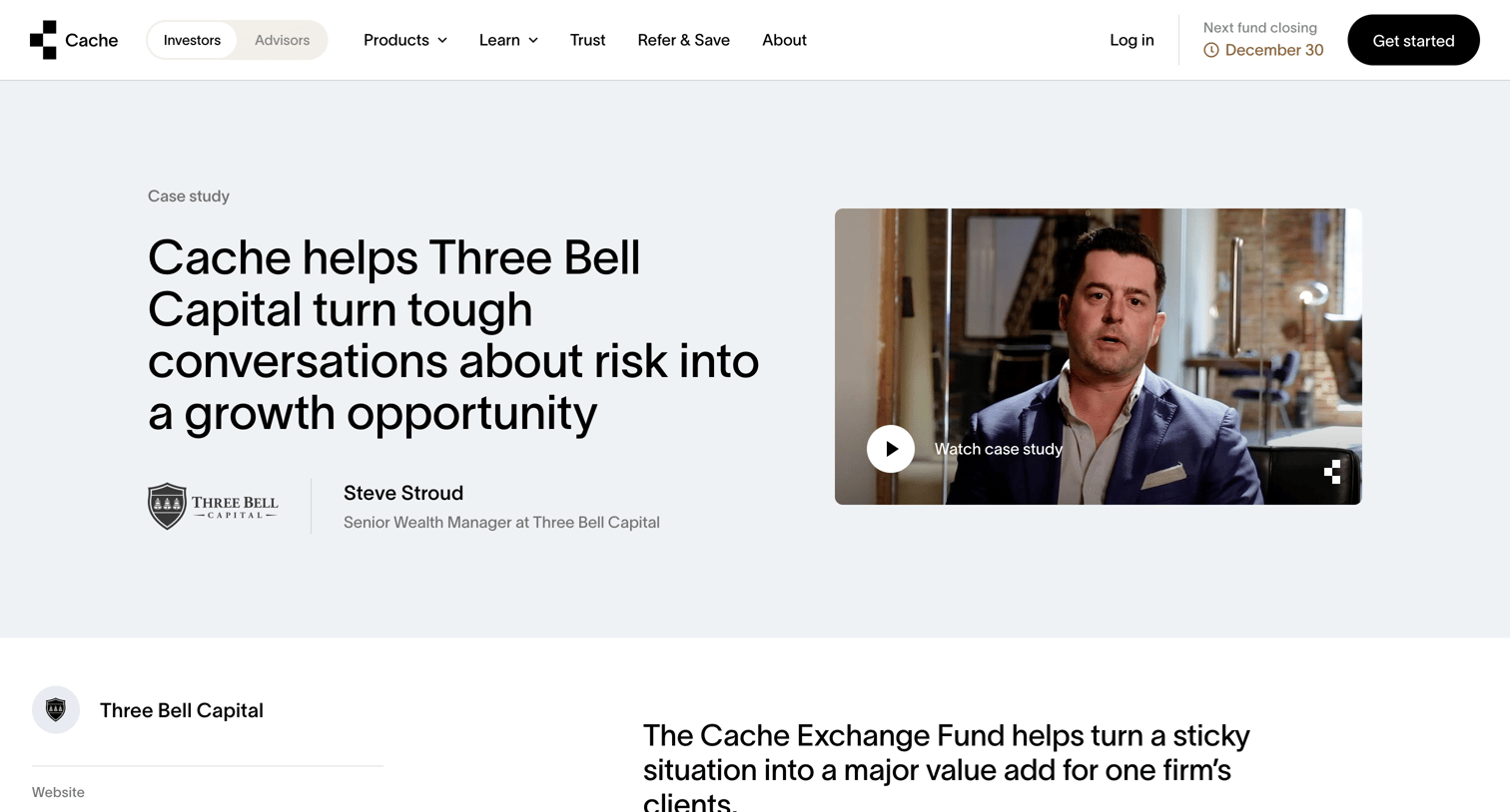 Cache - Case Study Three Bell Capital  Cache screen