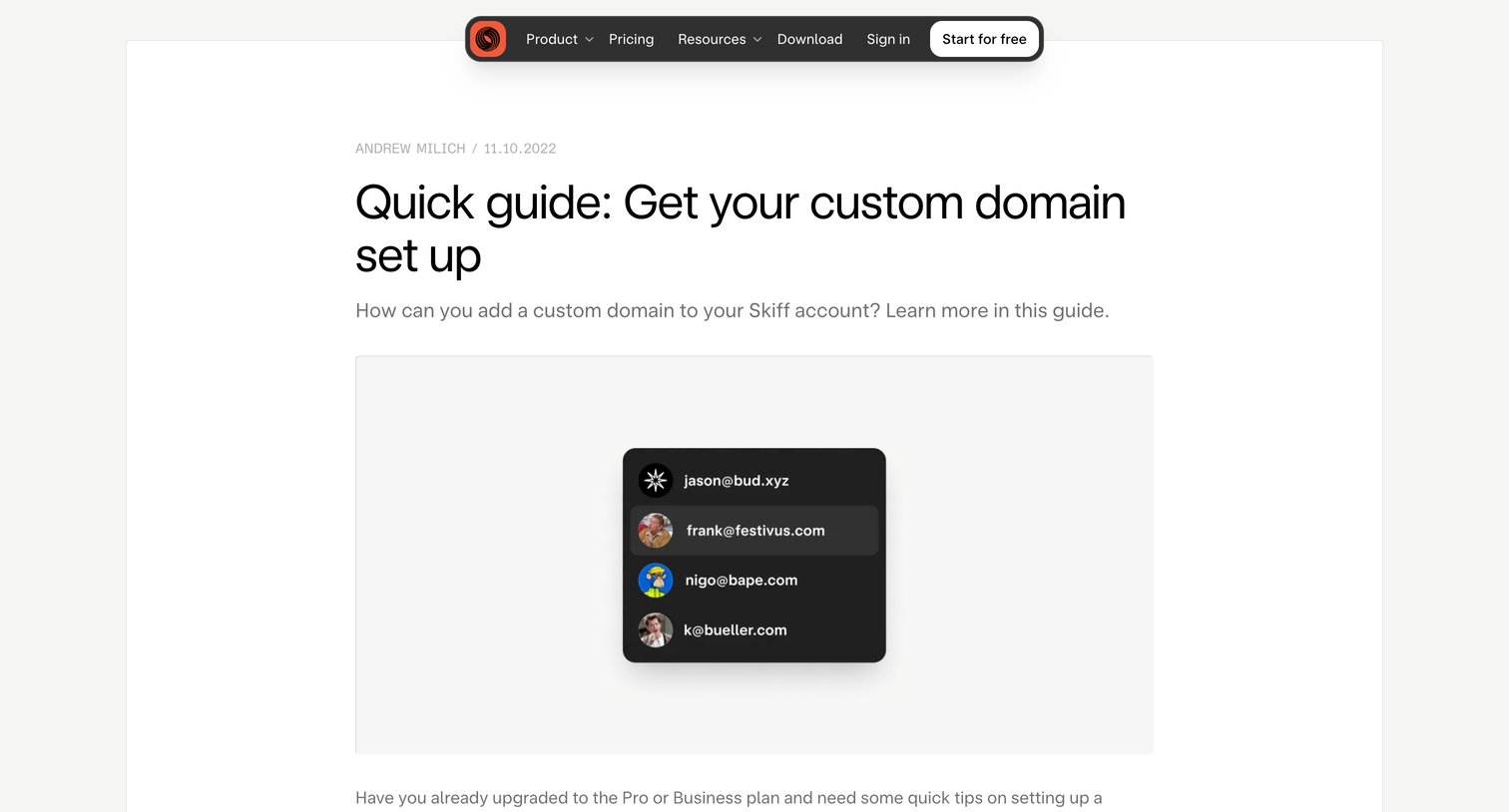 Skiff - Quick guide Get your custom domain set up - Read more screen