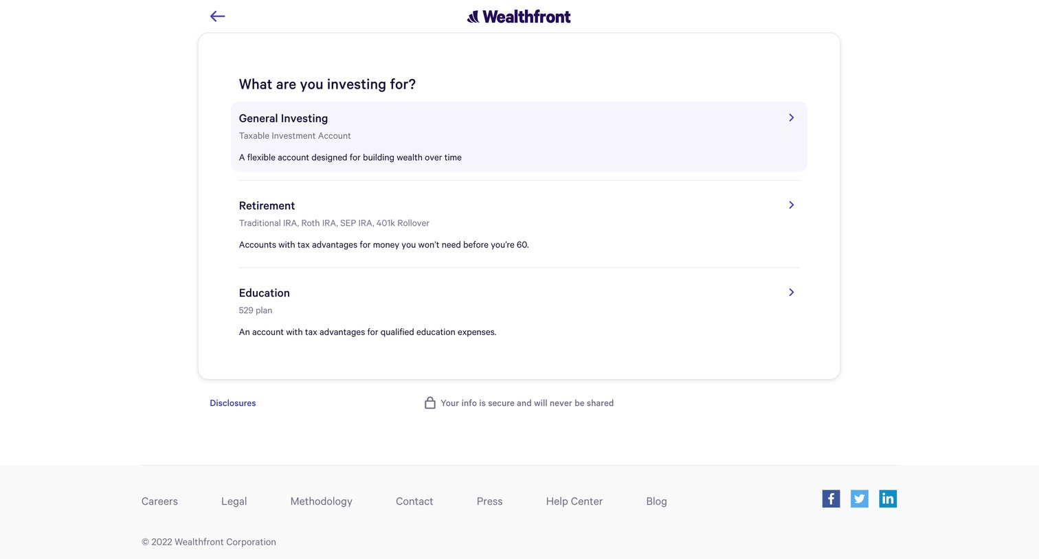 Wealthfront - What is your main investment goal - Open Account - Wealthfront screen