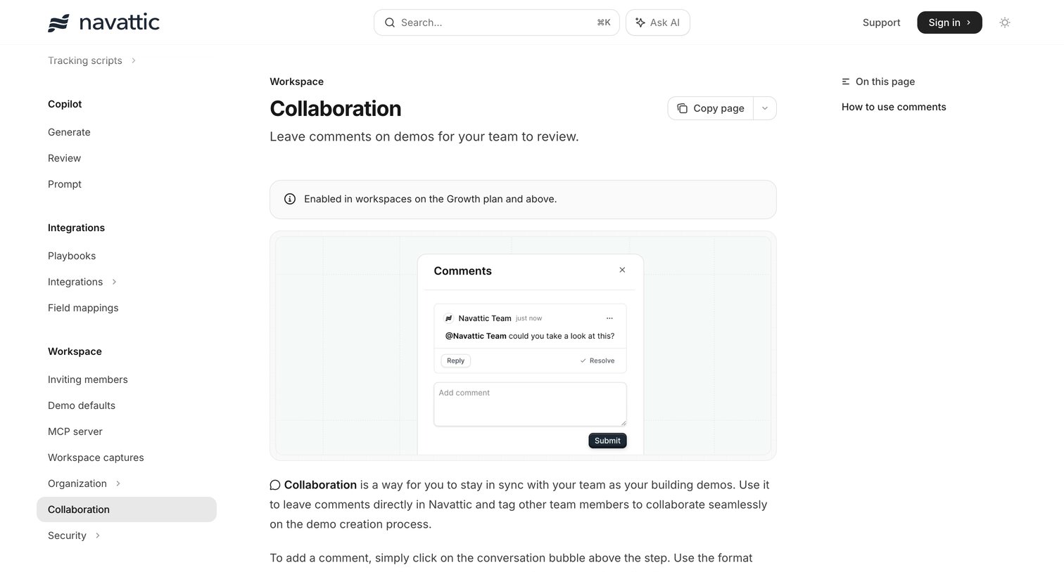 Navattic - Collaboration - Navattic Documentation screen