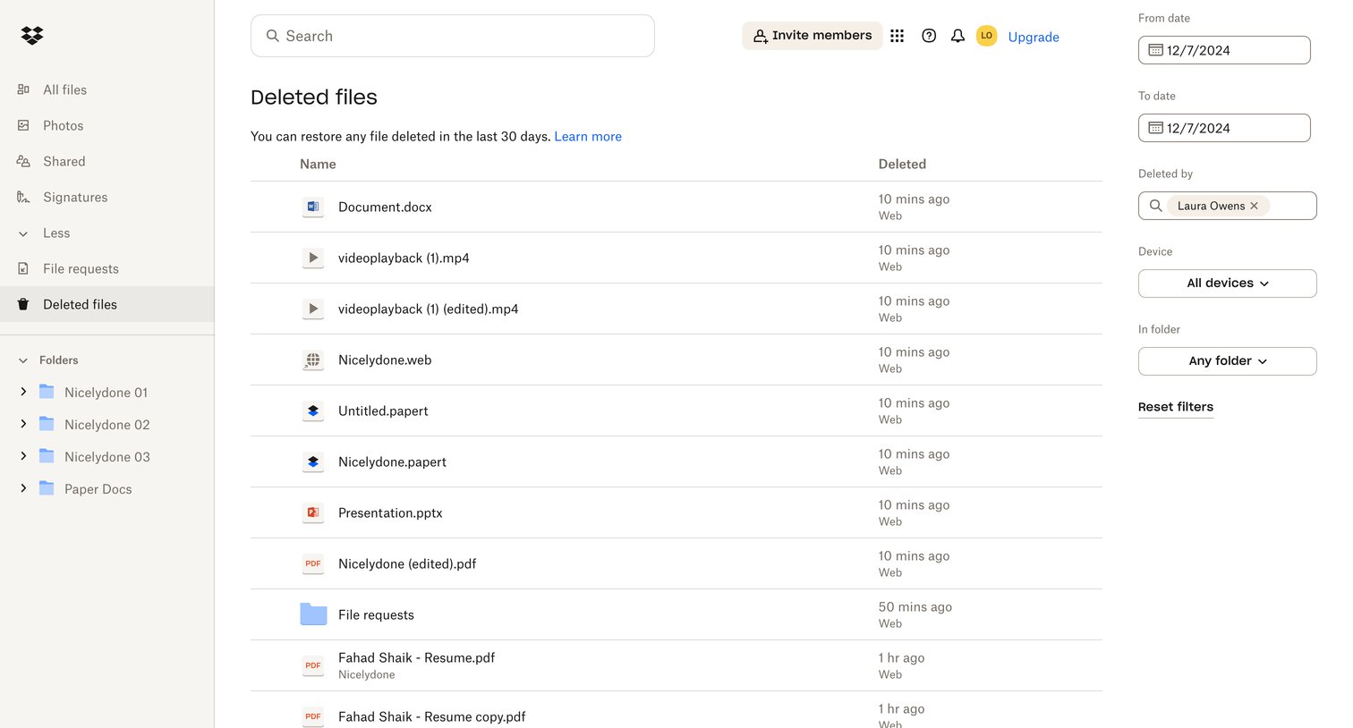 Dropbox - Deleted files - Dropbox screen