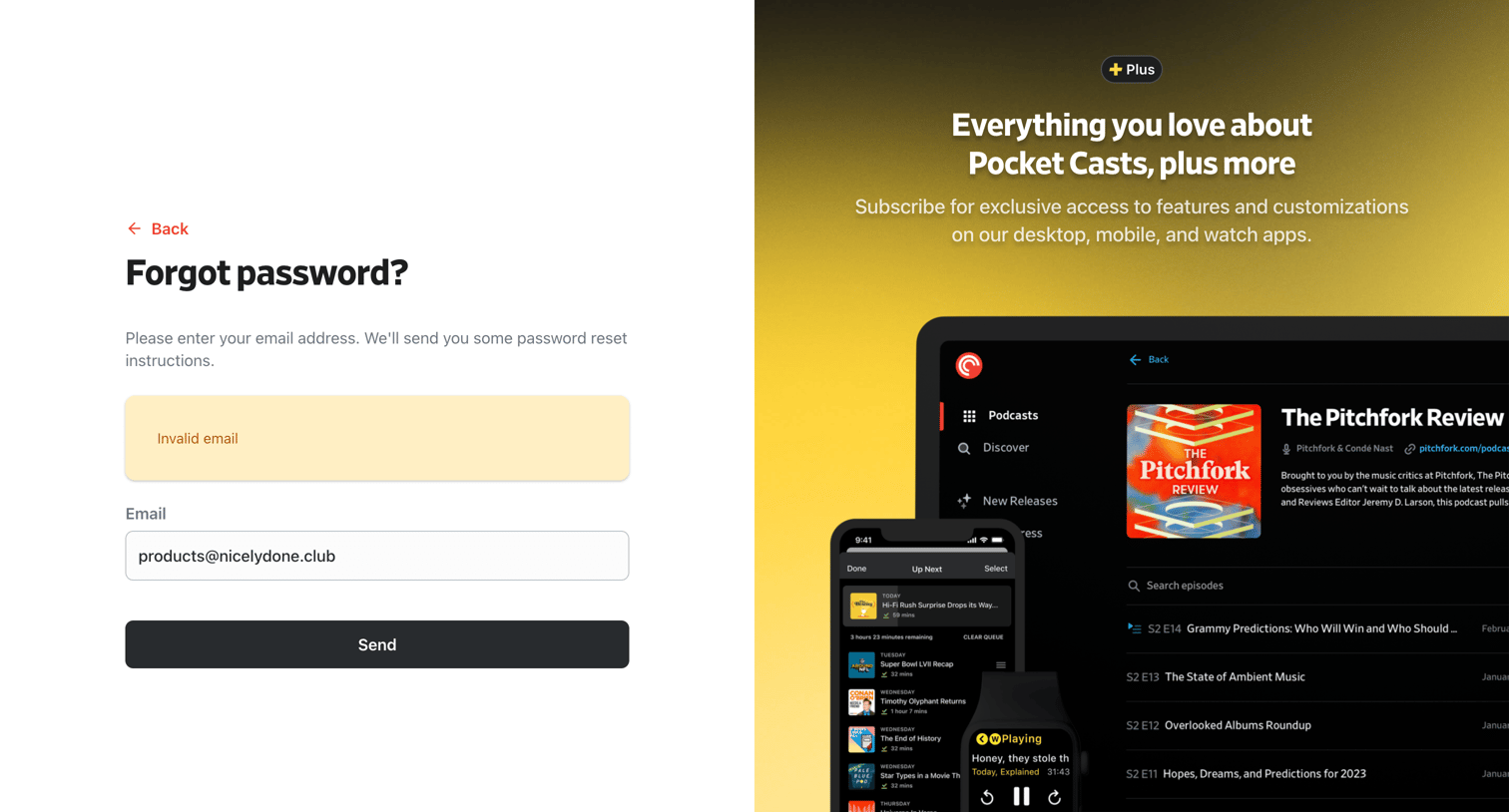 Pocket Casts - Forgot Your Password? - Pocket Casts screen