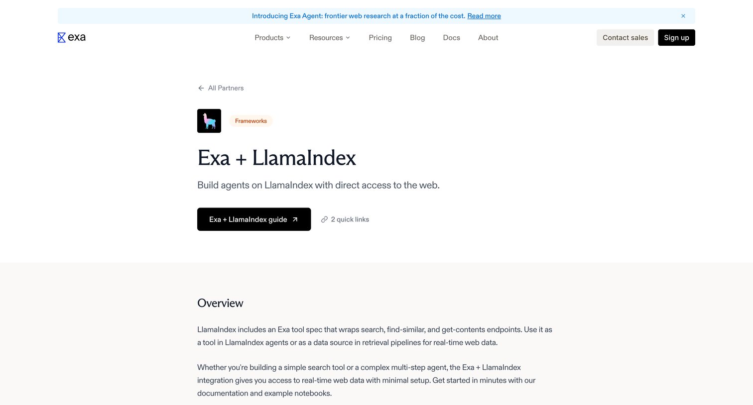 Exa - Exa + LlamaIndex — Partner Integration screen