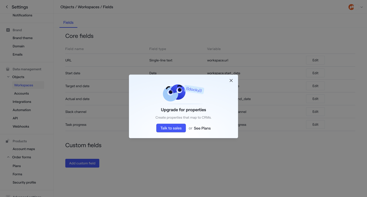Dock - Objects · Workspaces · Fields screen