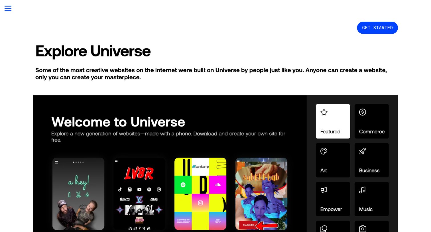 Universe - Sites Made on Universe - Universe Website Builder Design Custom Sites with No Code screen