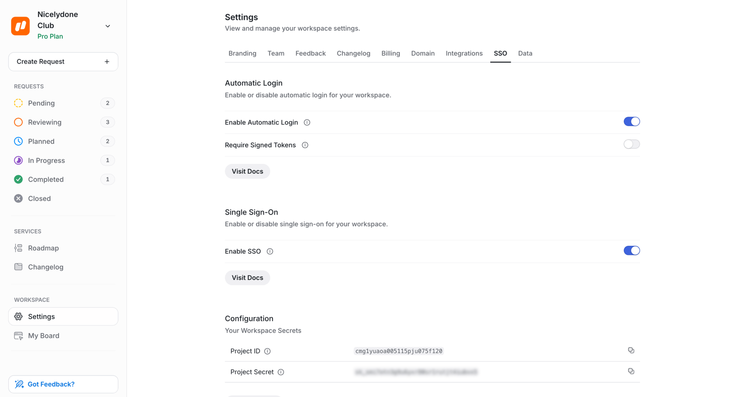 UserJot - SSO Settings | UserJot screen