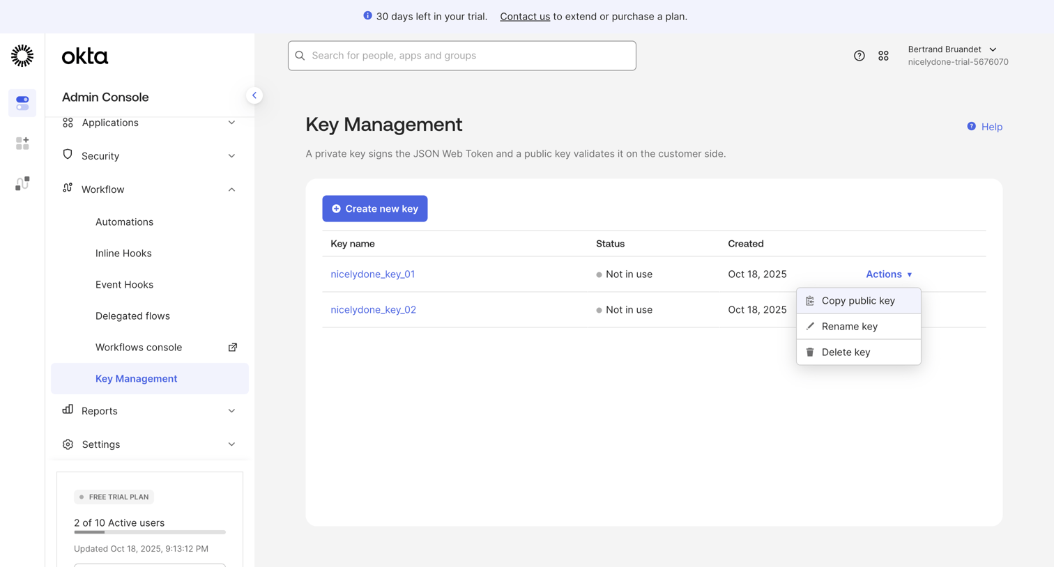 Okta - nicelydone-trial-5676070 - Key Management screen