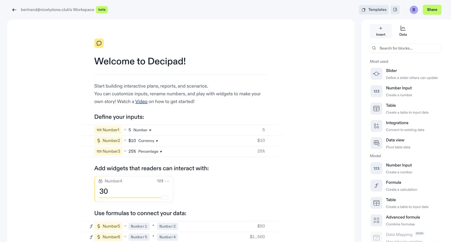 Decipad - Welcome to Decipad! | Decipad screen