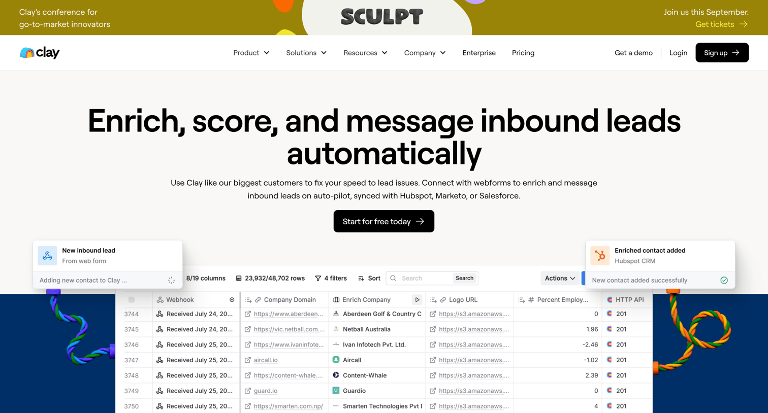 Clay - Enrich, score, and message inbound leads automatically | Clay.com screen