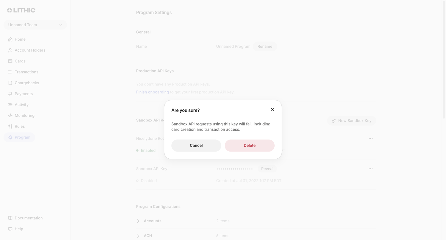 Lithic - Lithic - Program Settings screen
