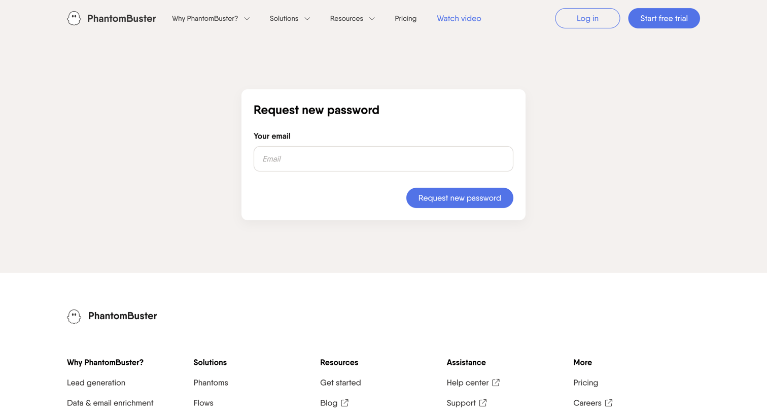 PhantomBuster - Request new password | PhantomBuster screen