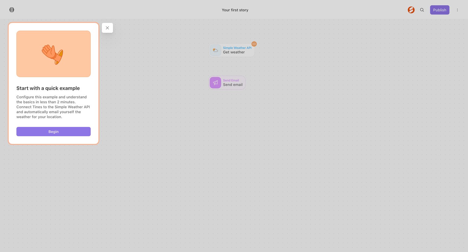 Tines - Your first story - Tines screen