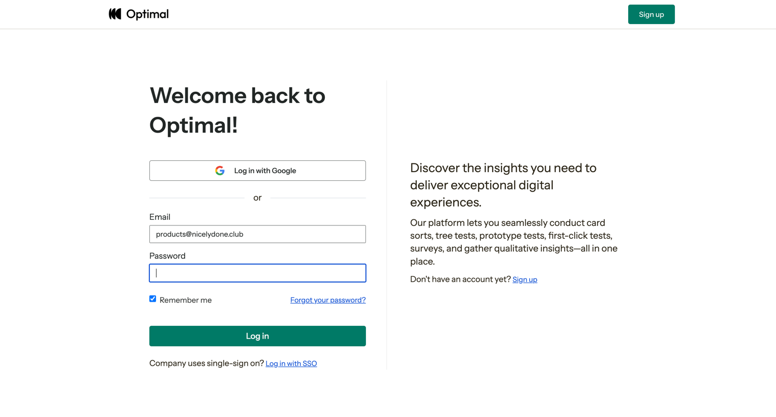 Optimal - Log In | Optimal Workshop screen