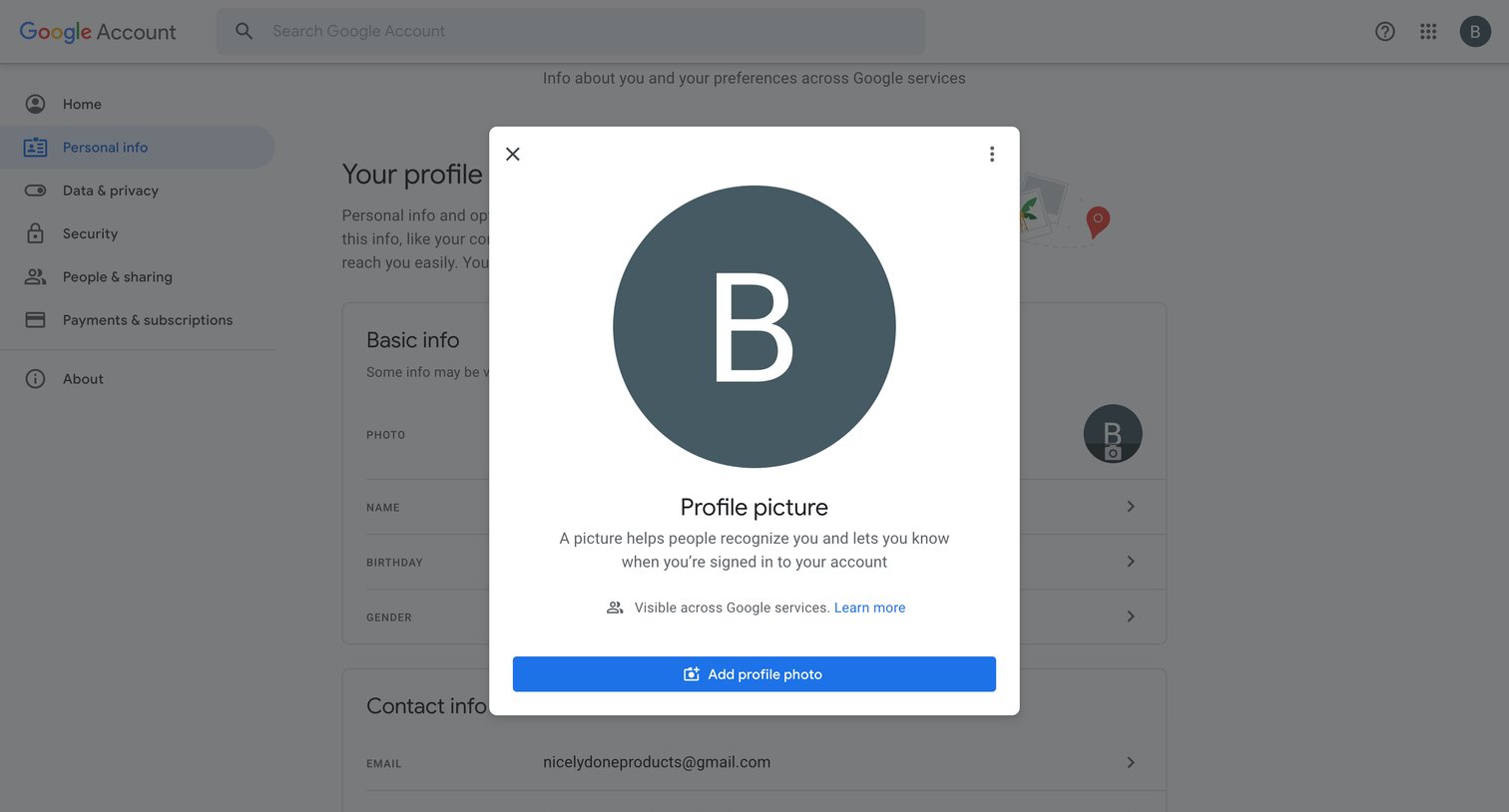 Google Account - Personal info screen