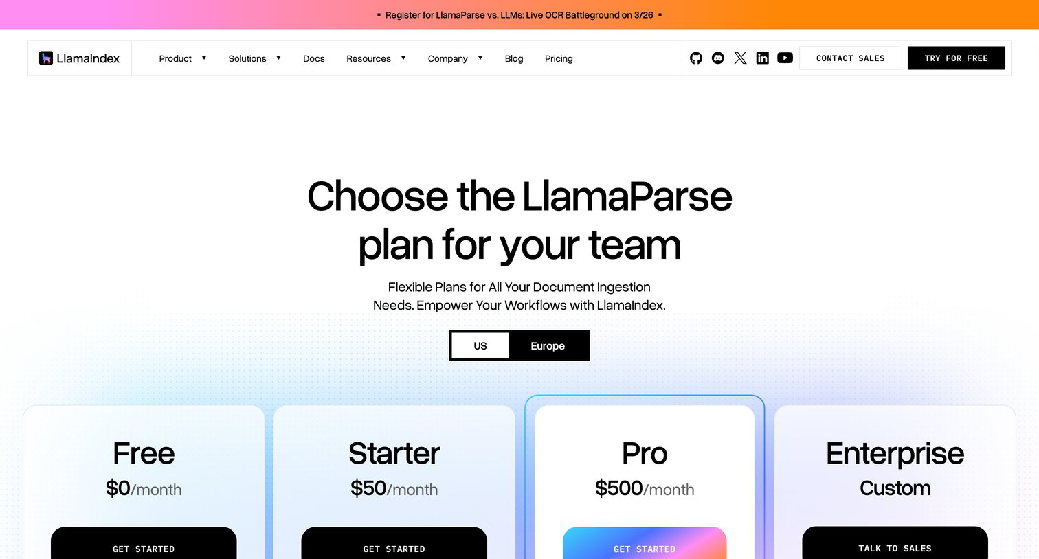 Llamaindex - LlamaParse Pricing Compare Plans & Credits LlamaIndex screen