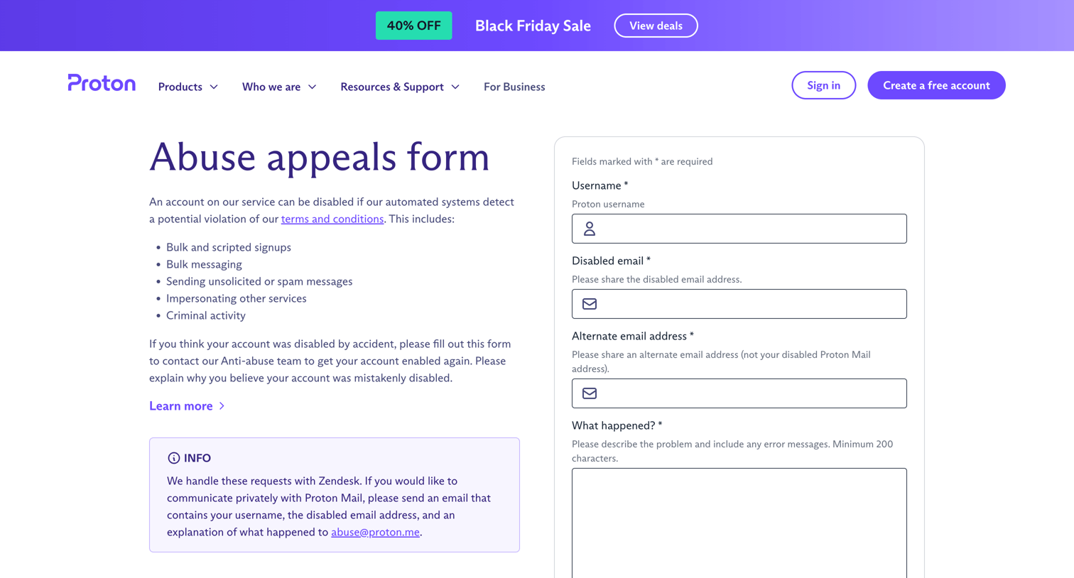 Proton - Abuse appeals form screen