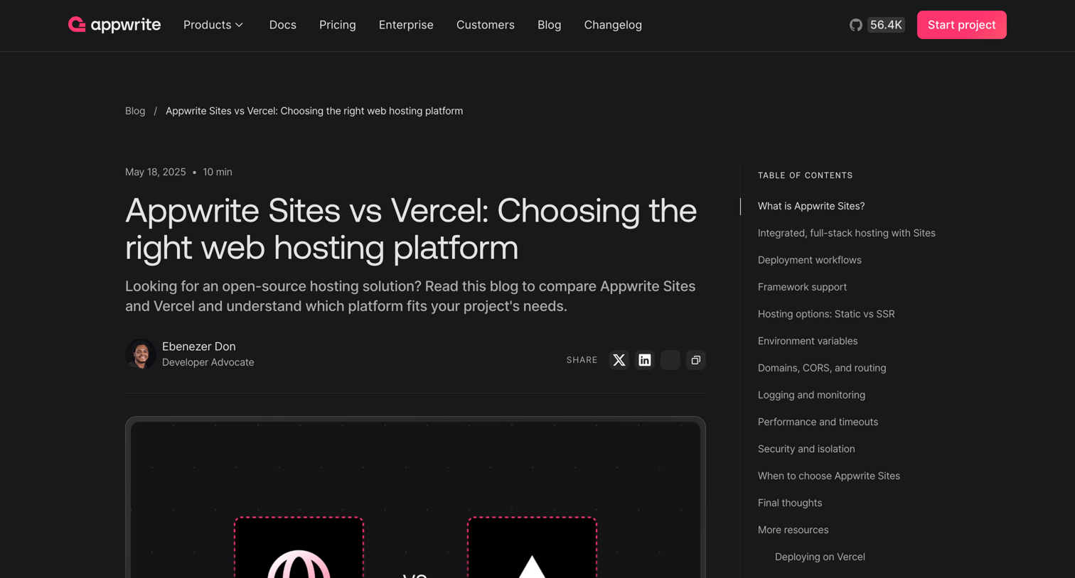 Appwrite - Appwrite Sites vs Vercel Choosing the right web hosting platform - Appwrite screen