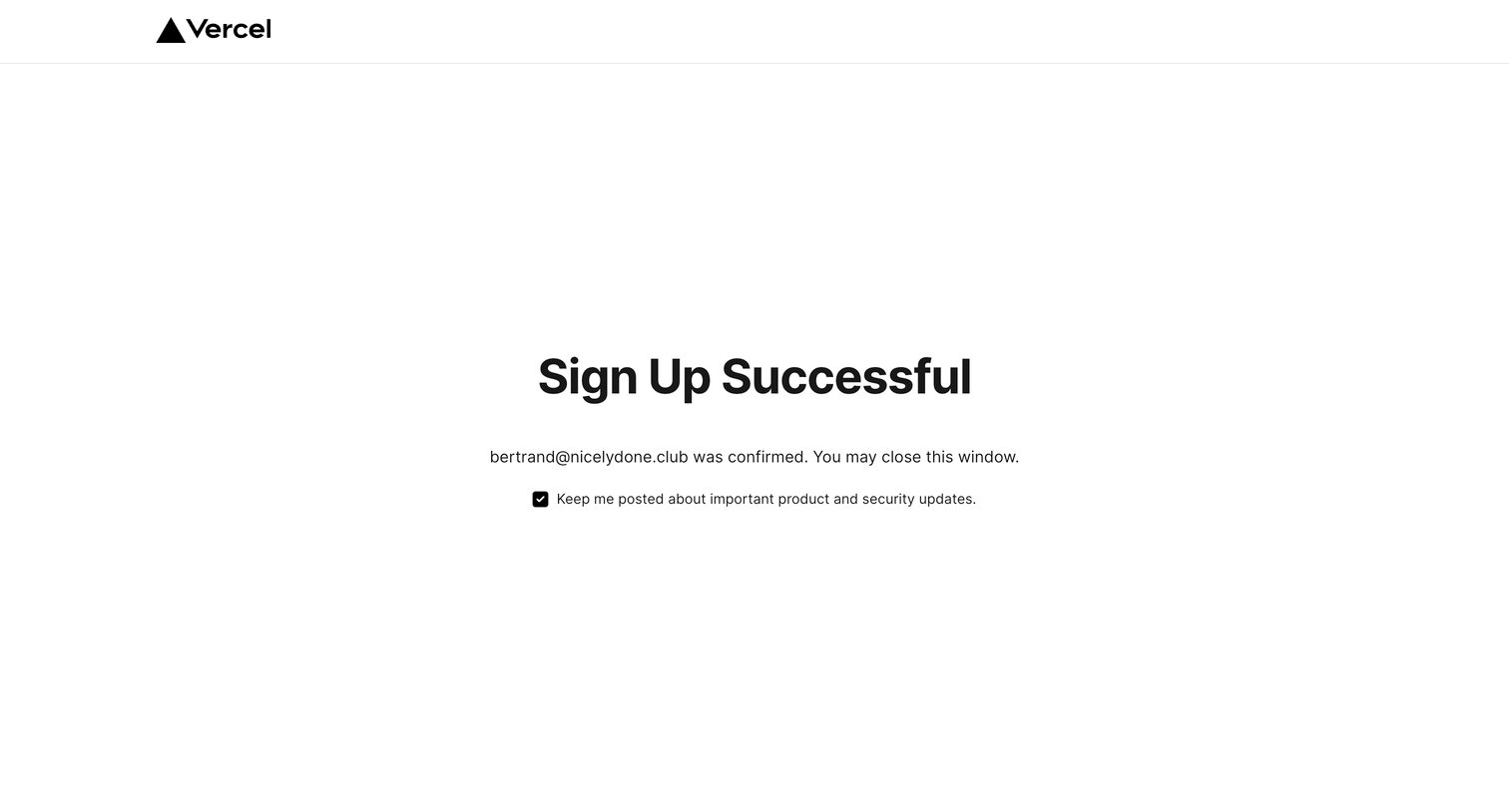 Vercel - Sign Up Successful – Vercel screen