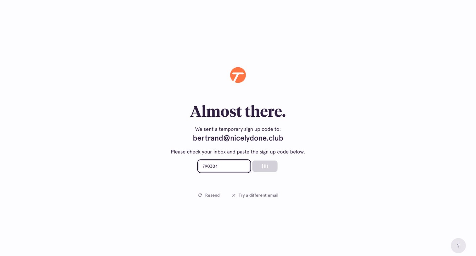 Tango - Confirm Sign Up screen