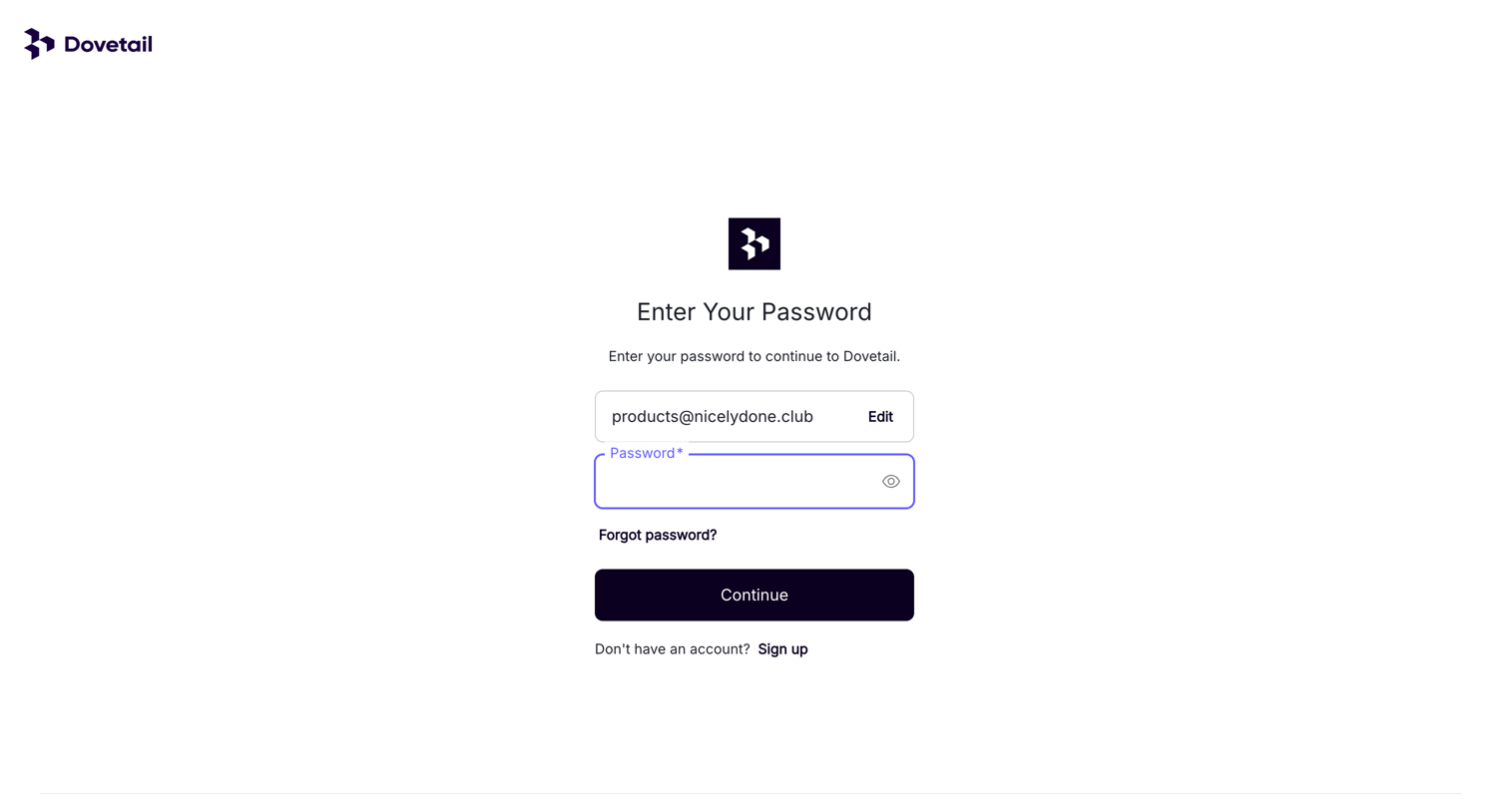 Dovetail - Log in – Dovetail screen