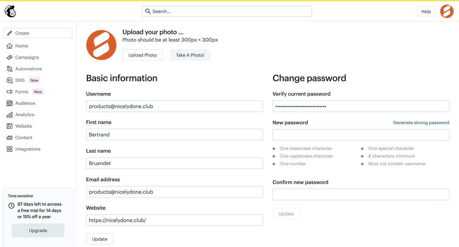 Mailchimp - My Profile | Mailchimp screen