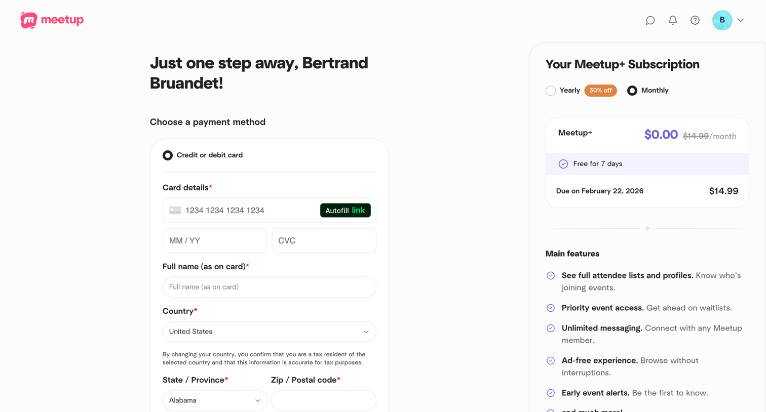Meetup - Meetup Plus Checkout screen