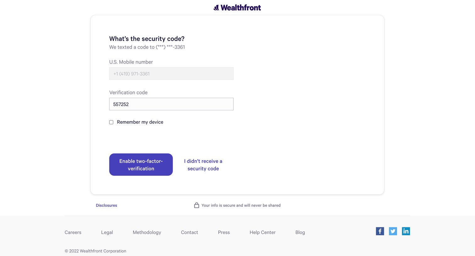 Wealthfront - Two-factor Verification - Wealthfront screen