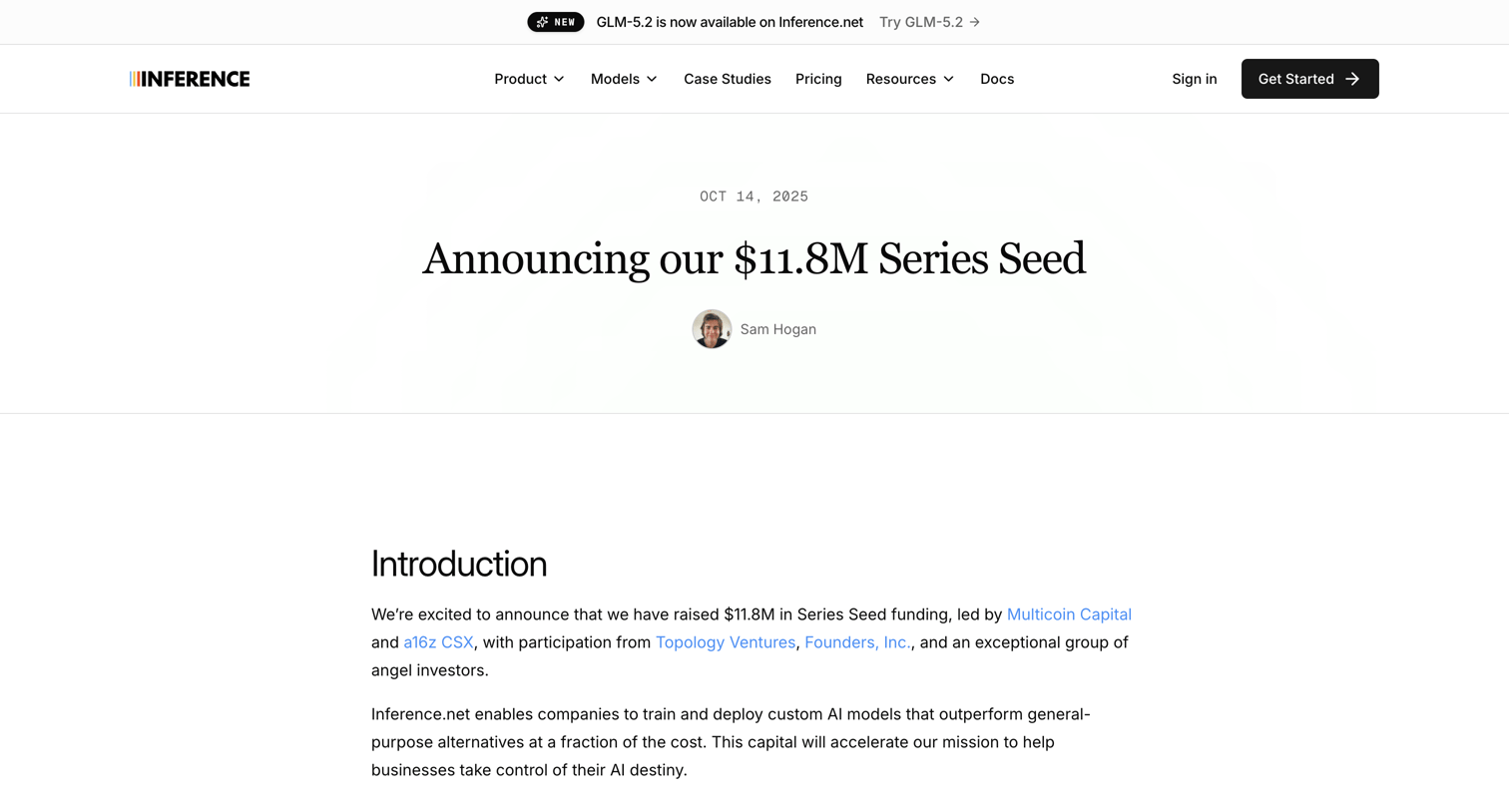 Inference - Announcing our $11.8M Series Seed | Inference.net screen