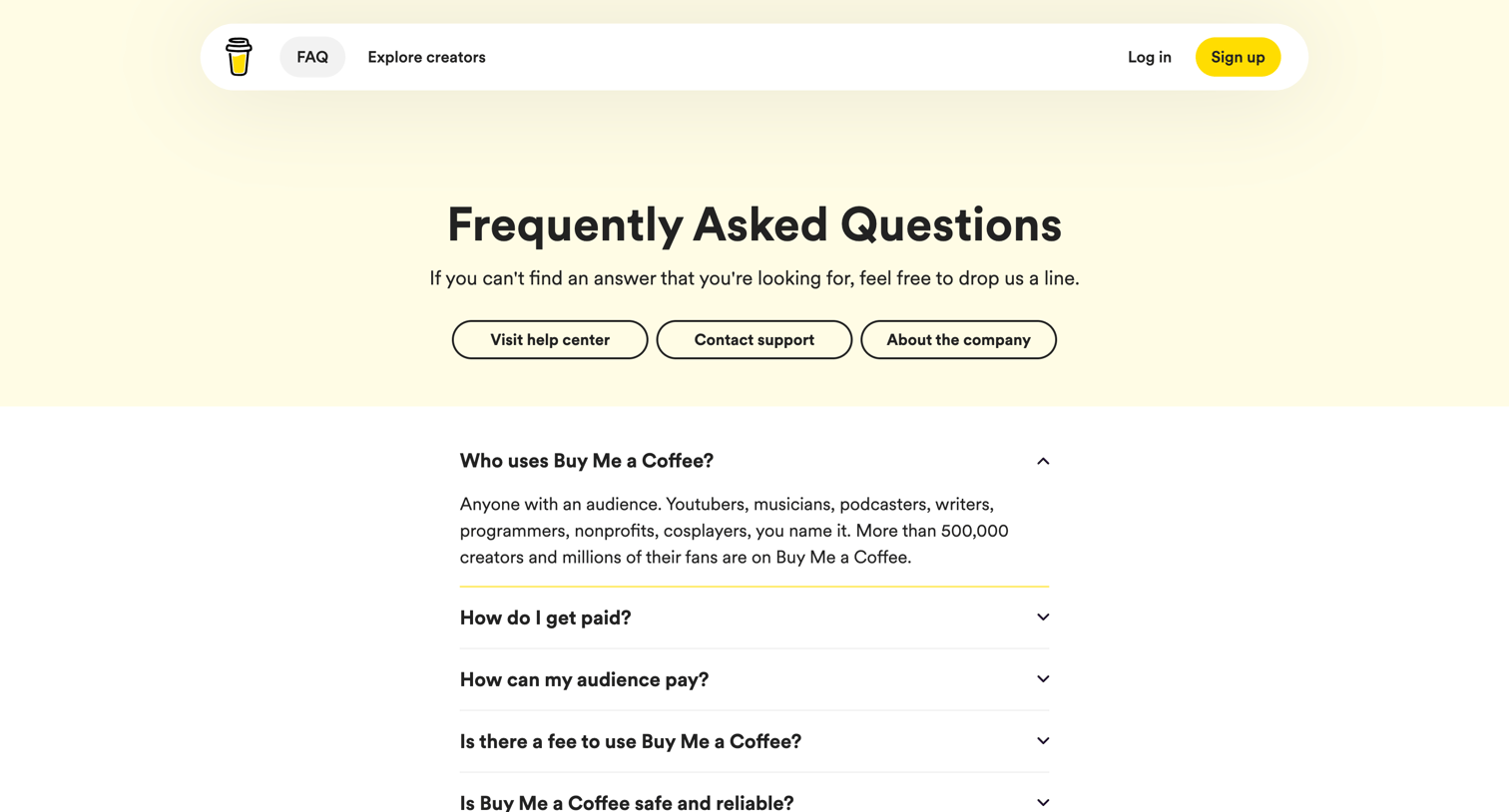 Buy Me a Coffee - FAQ | Buy Me a Coffee screen