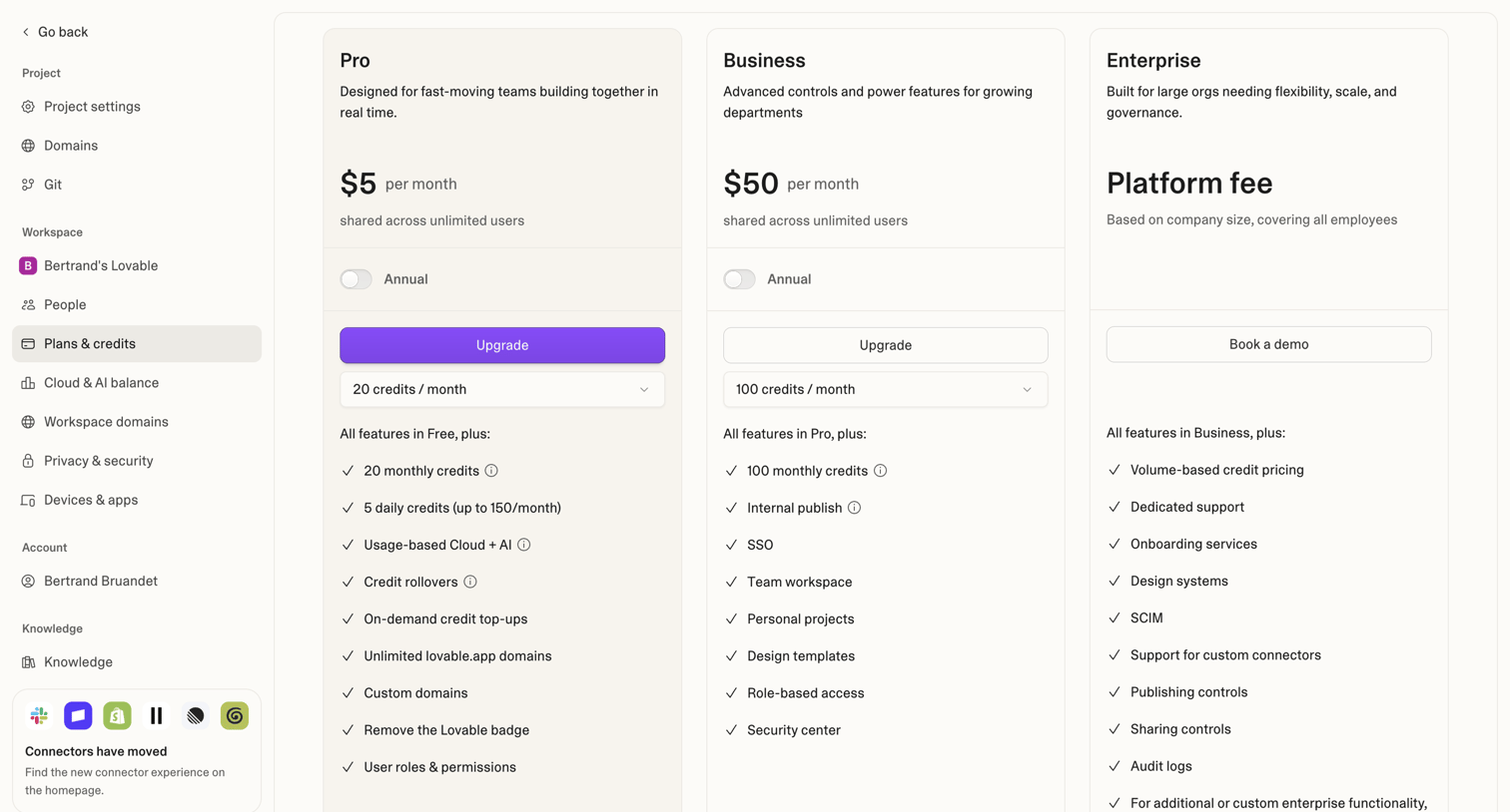 Lovable - Project settings - Lovable screen