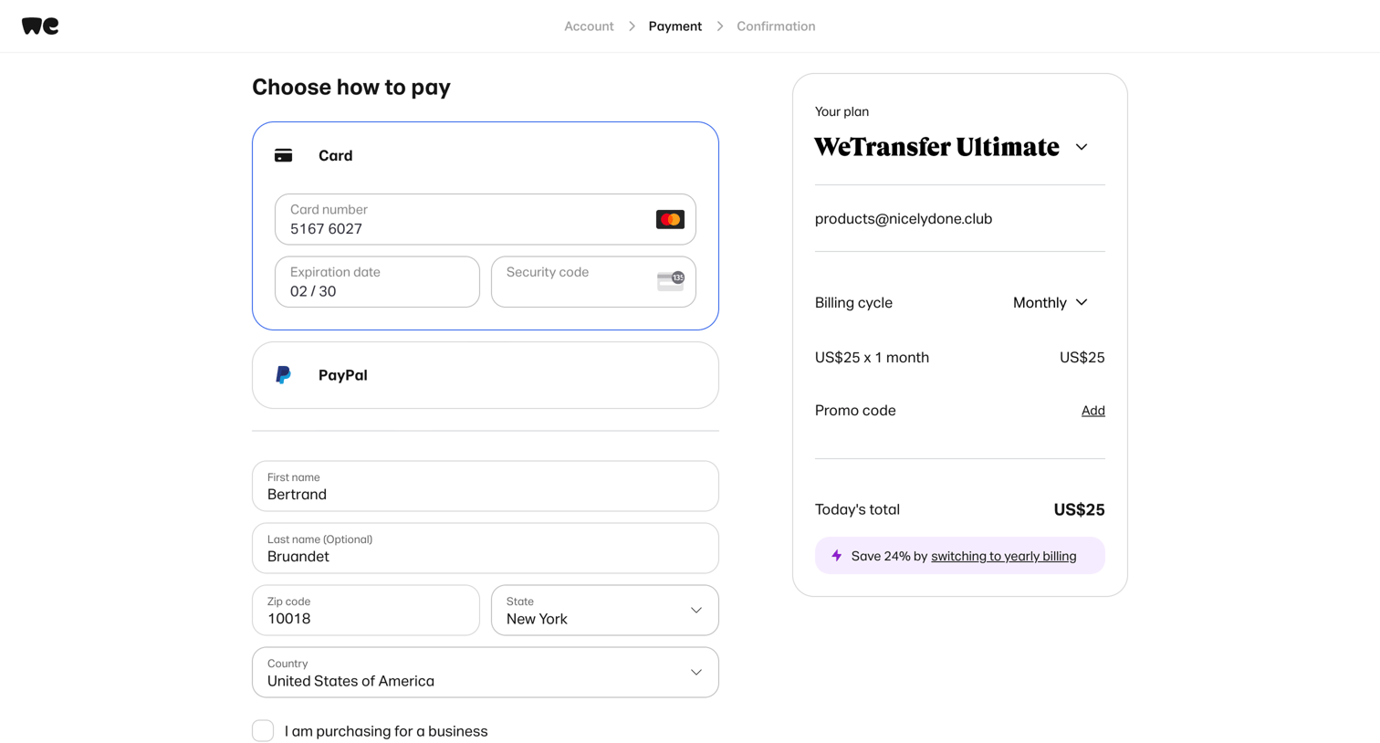 WeTransfer - Choose how to pay | WeTransfer screen