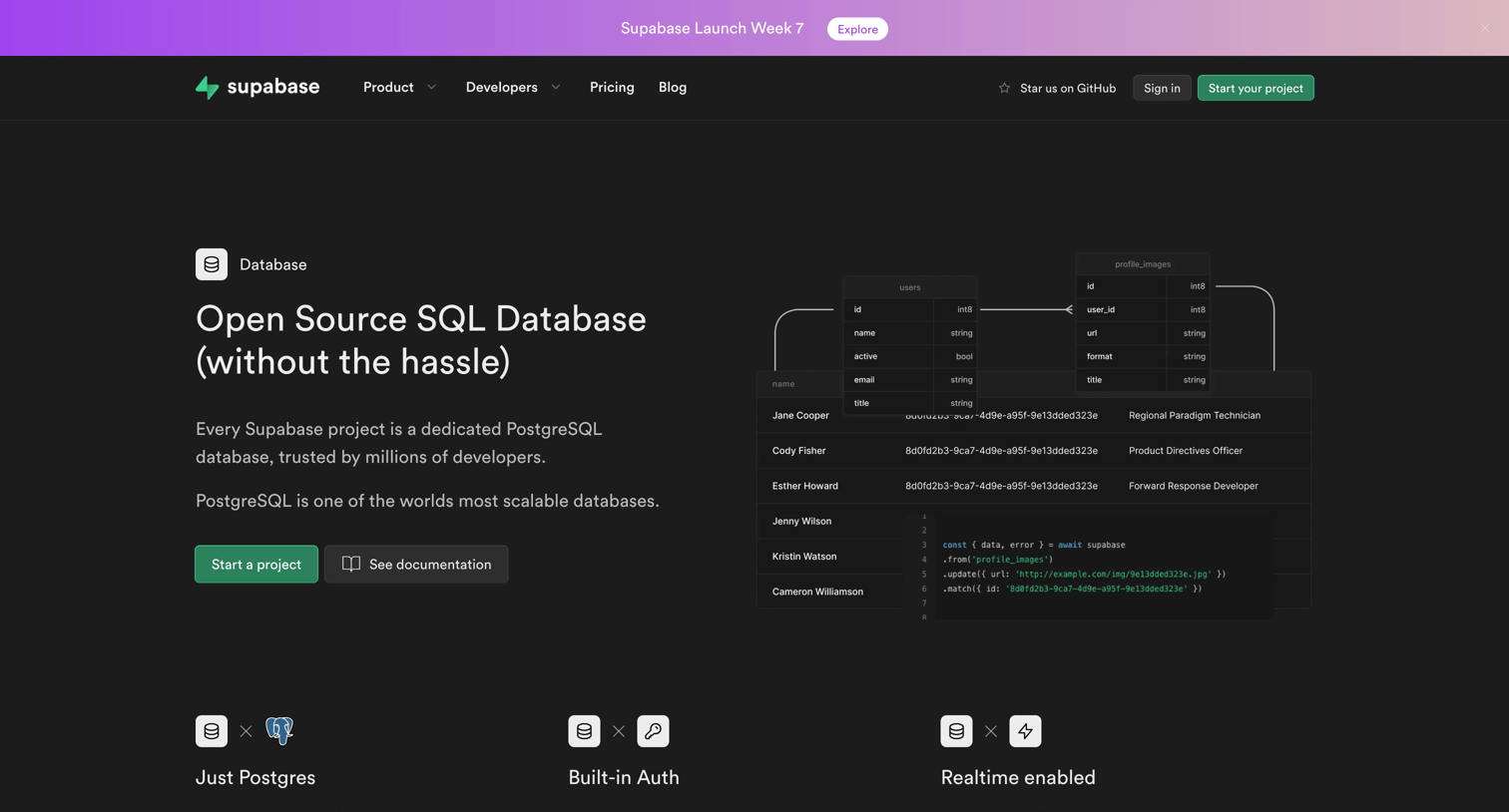 Supabase - Database | Open source SQL Database screen