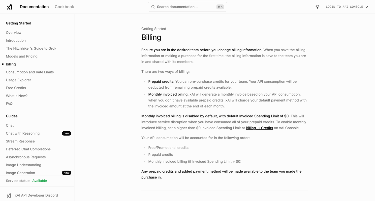 Grok - Billing | xAI Docs screen