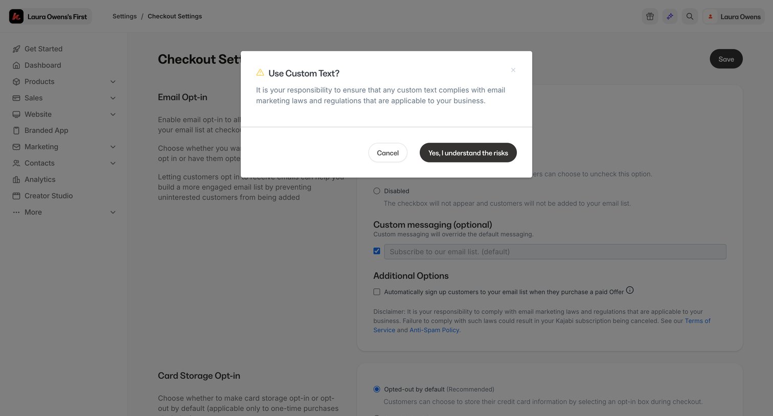 Kajabi - Checkout Settings screen