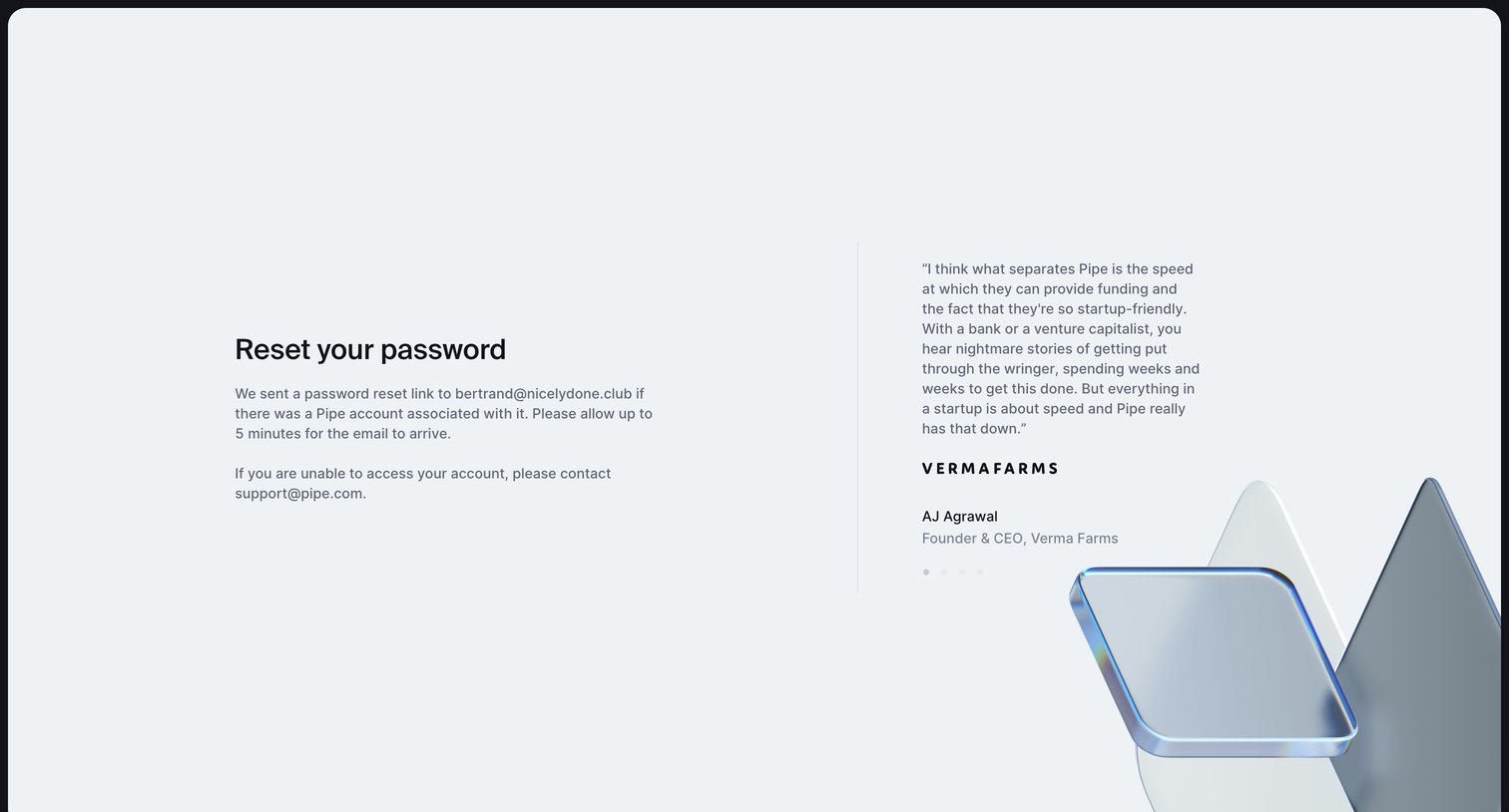 Pipe - Request Password Reset | Pipe screen