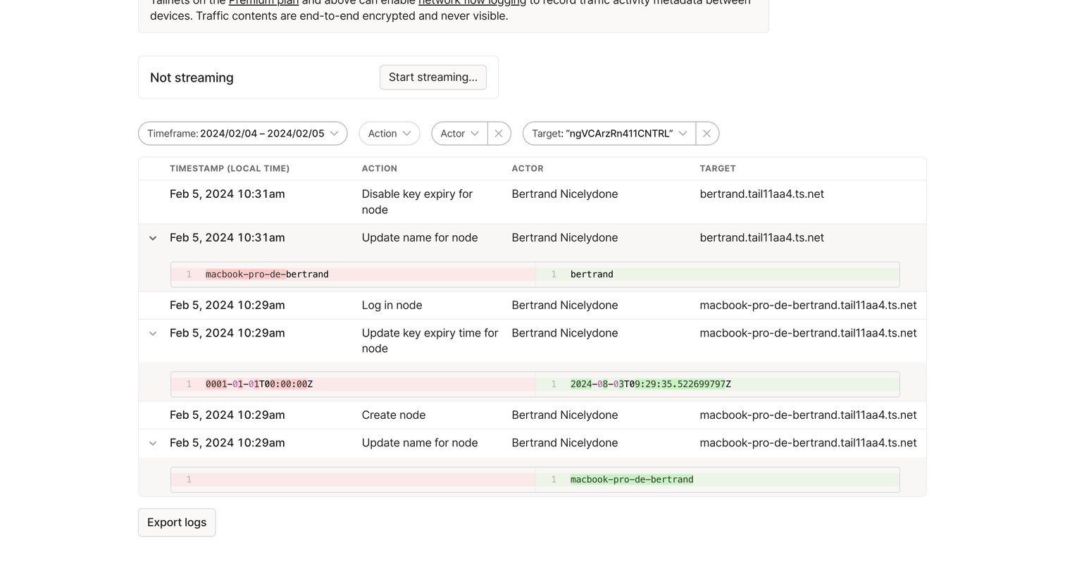 Tailscale - Configuration logs - Tailscale screen