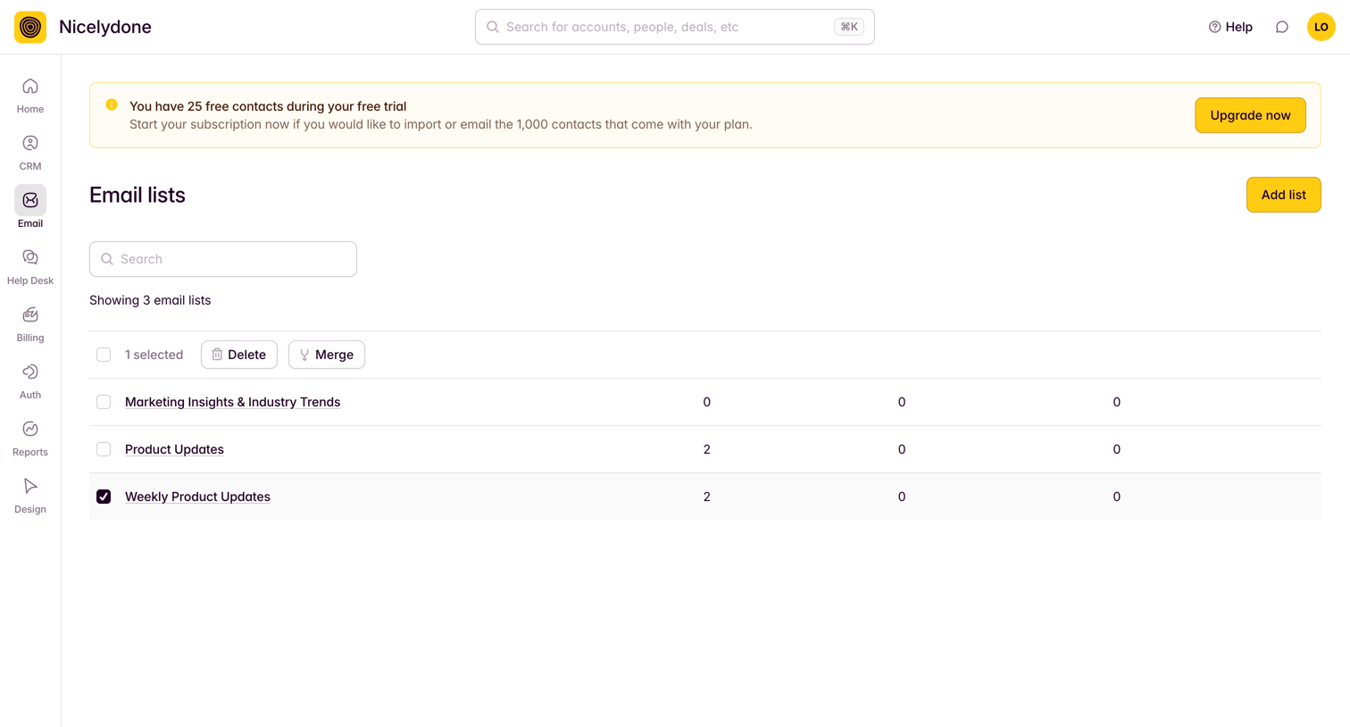 Outseta - View All Email Lists screen